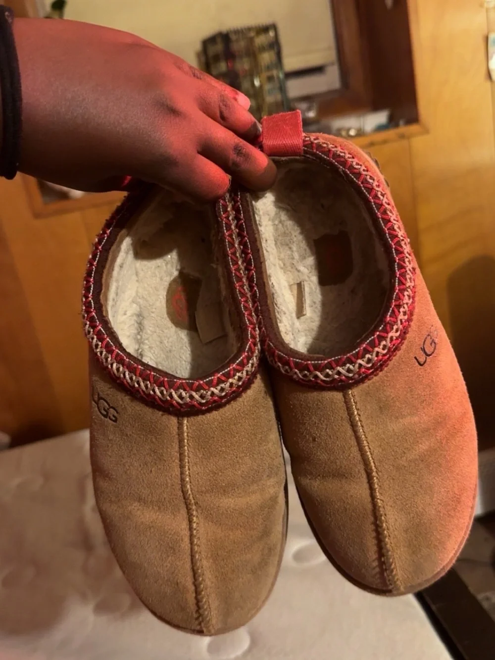 UGG Chestnut Suede Slip-On Slippers with Red Trim and Fleece